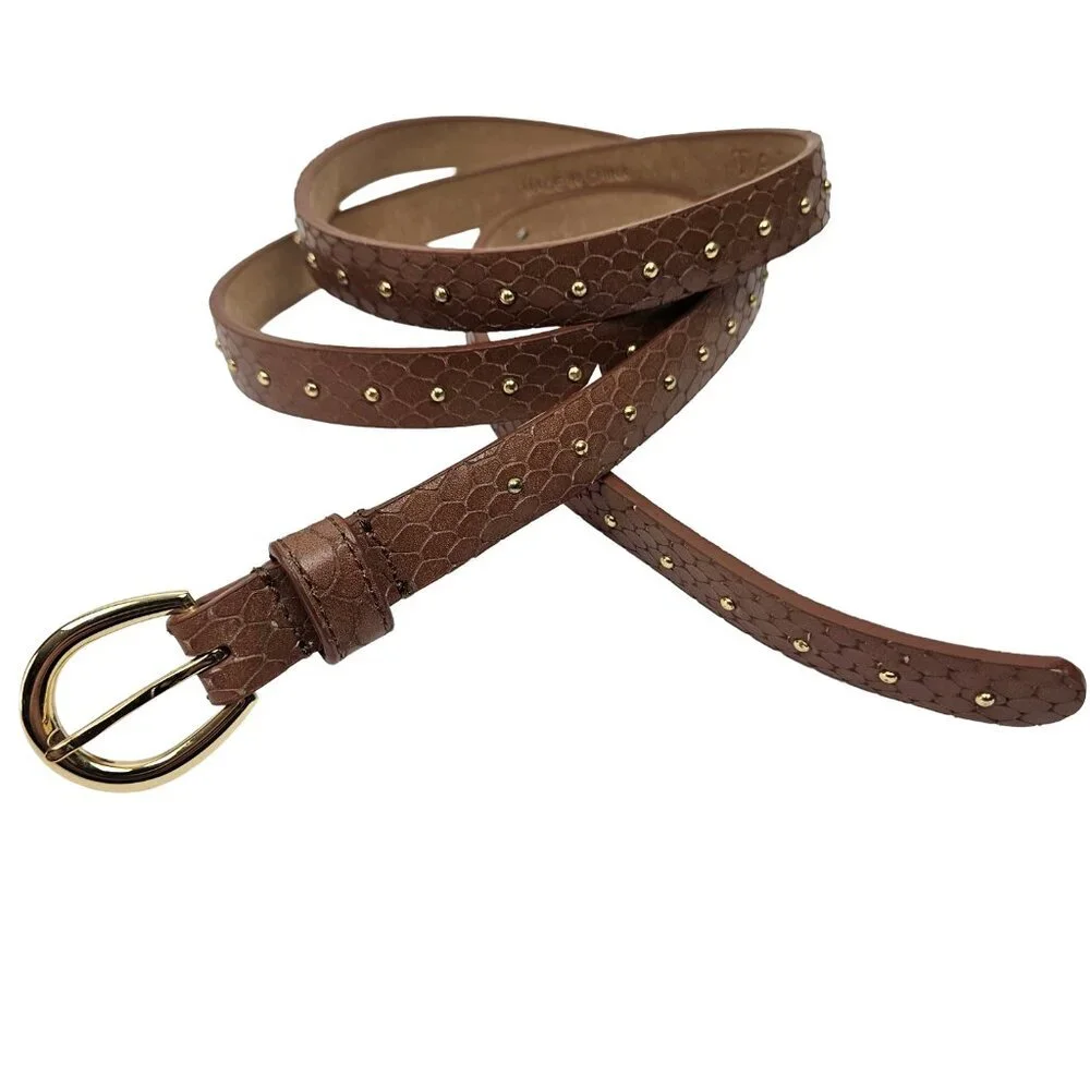 Talbots Brown Snake Embossed Leather Gold Tone Stud Skinny Belt XL